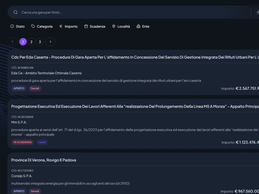 Public-tender search with filters for status, category, amount and deadline, and the CIG code on every result