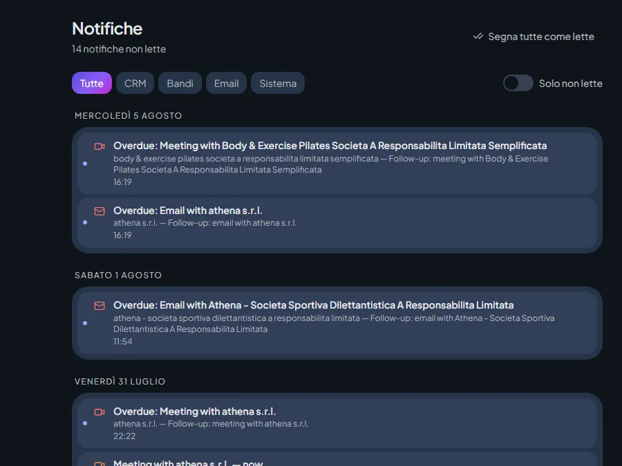 Notification centre with alerts grouped by day and filters by type