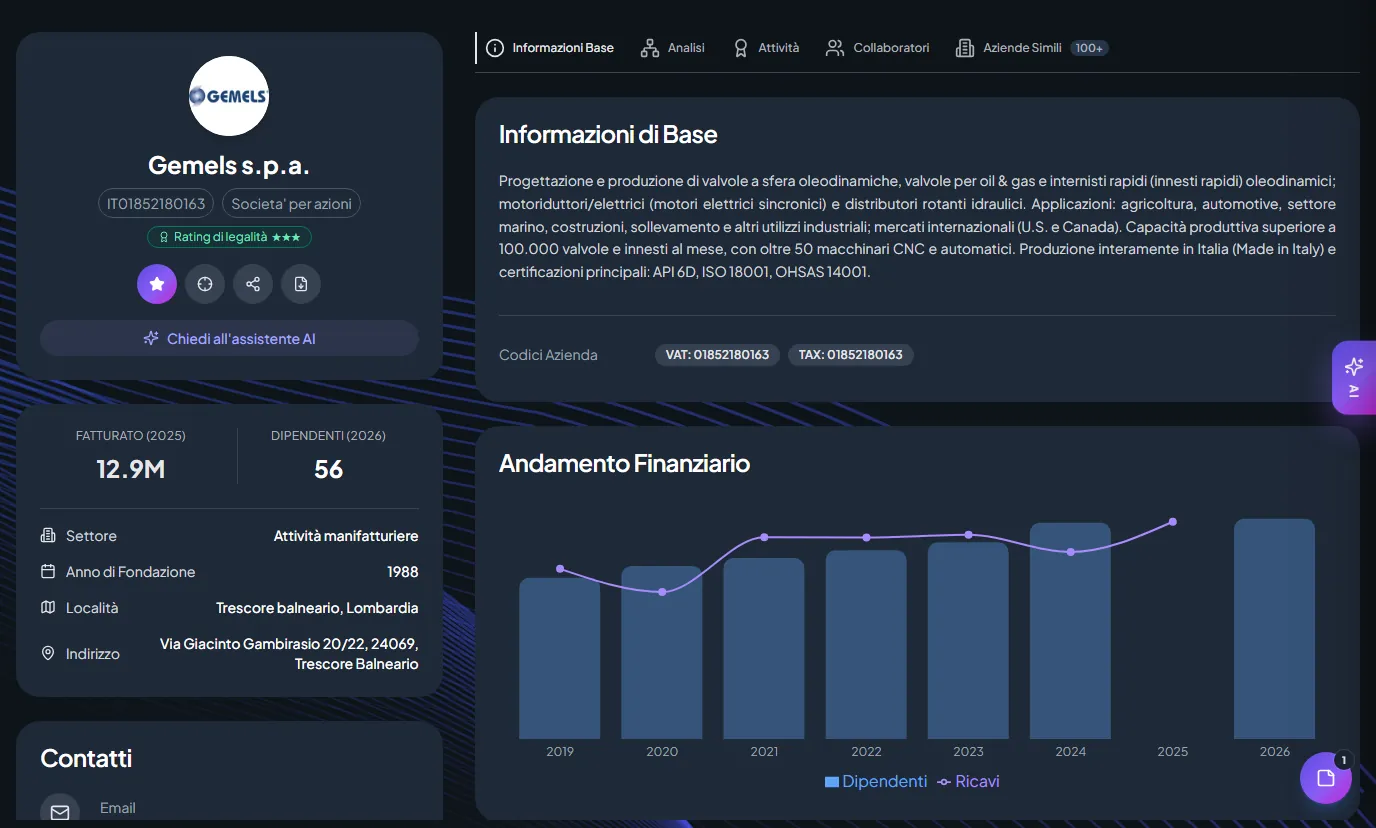 Profile of Gemels S.p.A.: description taken from the website, revenue and headcount over time, address and contacts