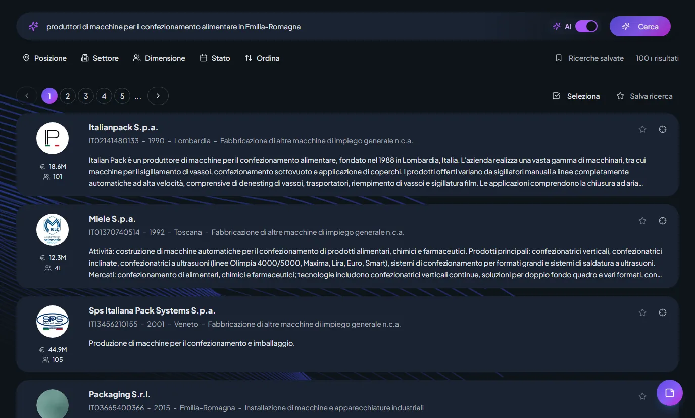 Results of a semantic search for makers of food-packaging machinery in Emilia-Romagna, each with its own description