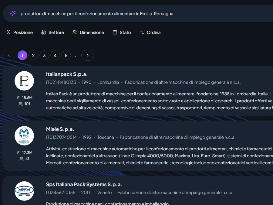 Results of a natural-language search with the filters for location, sector and size