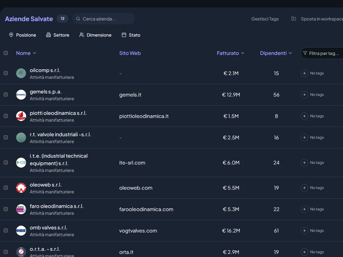 A list of saved companies with website, revenue, headcount and the tag column